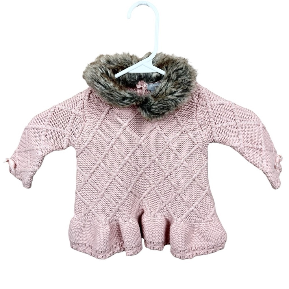 Tahari Baby Pink Faux Fur Neck Trim Sweater Size 3-6 Months